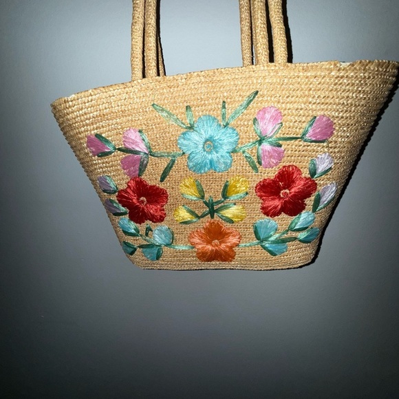 Embroidered Floral Straw Tote Bag - Picture 2 of 4